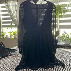 Nasty Gal US 6 Black Sheer Long Sleeve Dress Deep V-Neck